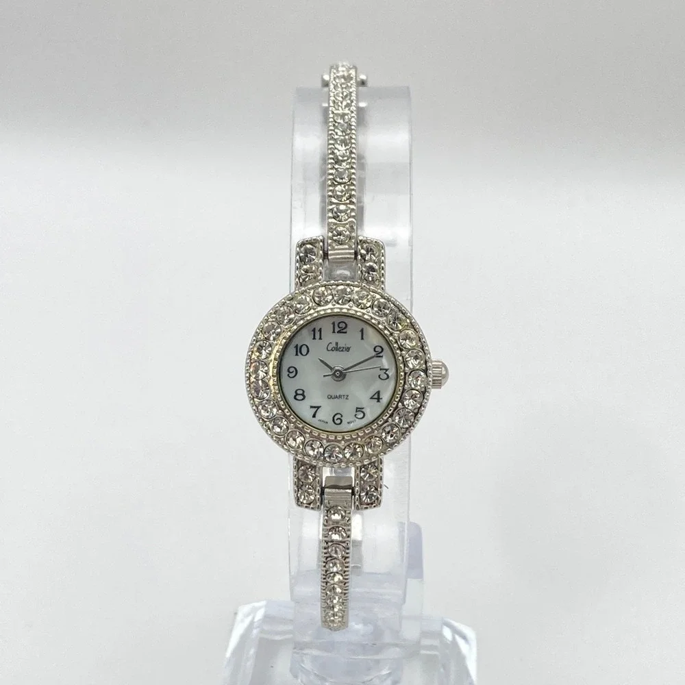 Collezio Womens Watch 22mm Silver Tone Crystals Bling MOP Dial New Battery 6.75